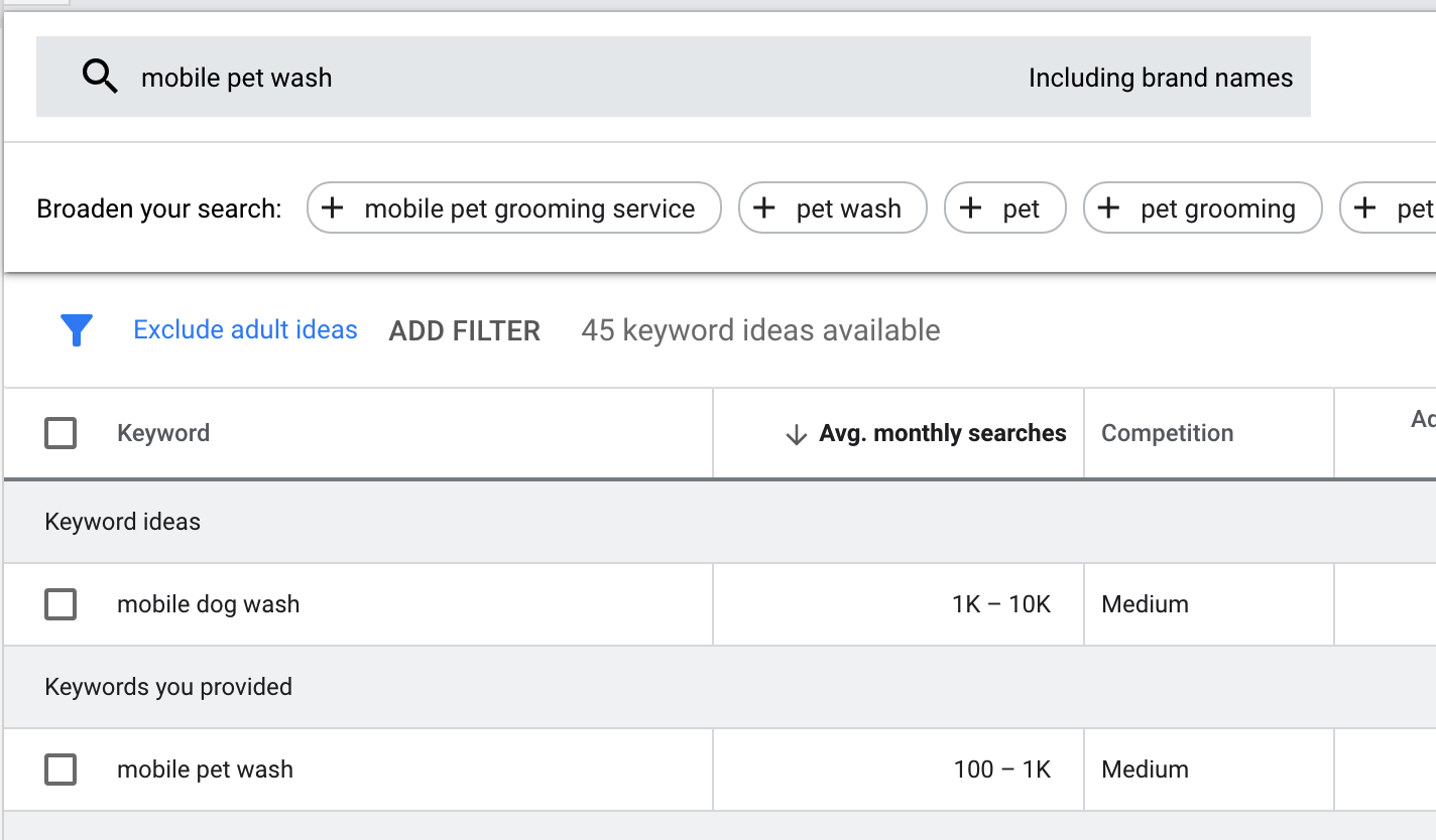 Example of Google keyword planning to show you how to start a startup